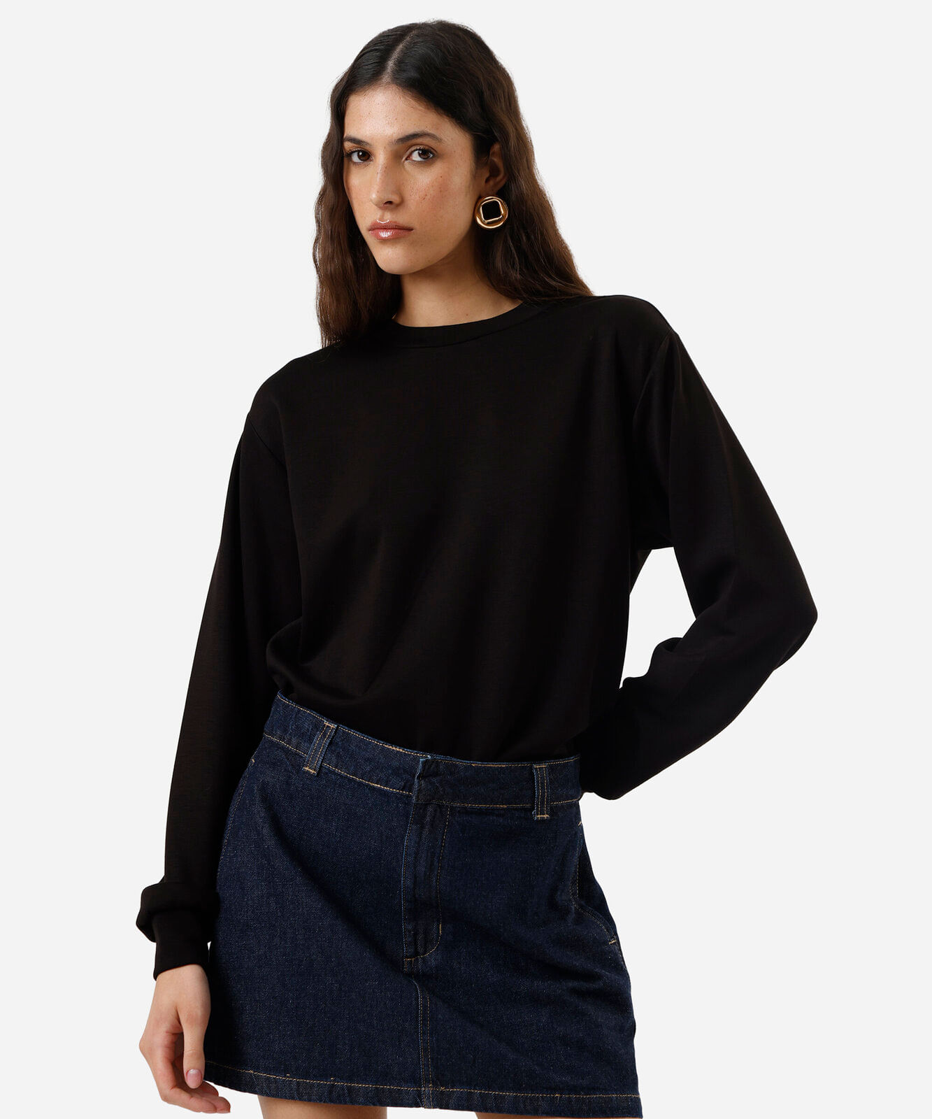 blusão básico alongado feminino de moletom com recorte preto