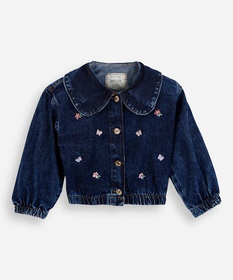 jaqueta bomber infantil jeans com bordado floral azul