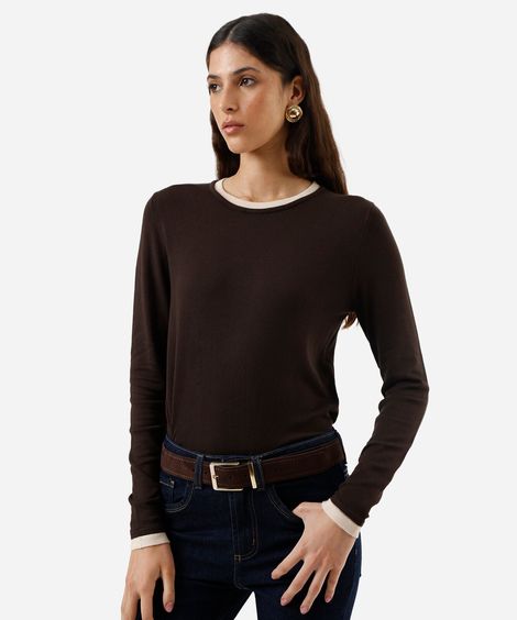 suéter básico feminino de tricot bicolor marrom