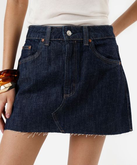 minissaia feminina jeans com barra a fio cintura média azul