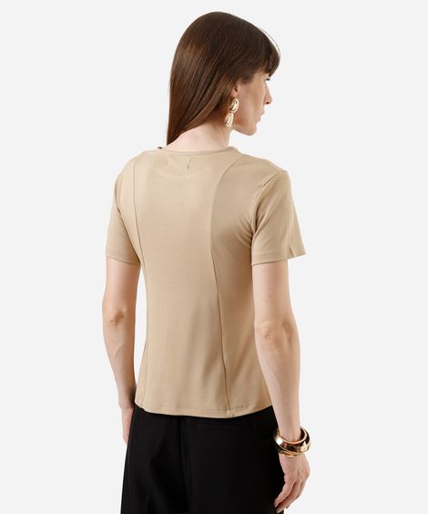 blusa peplum feminina com com viscose e recortes manga curta bege