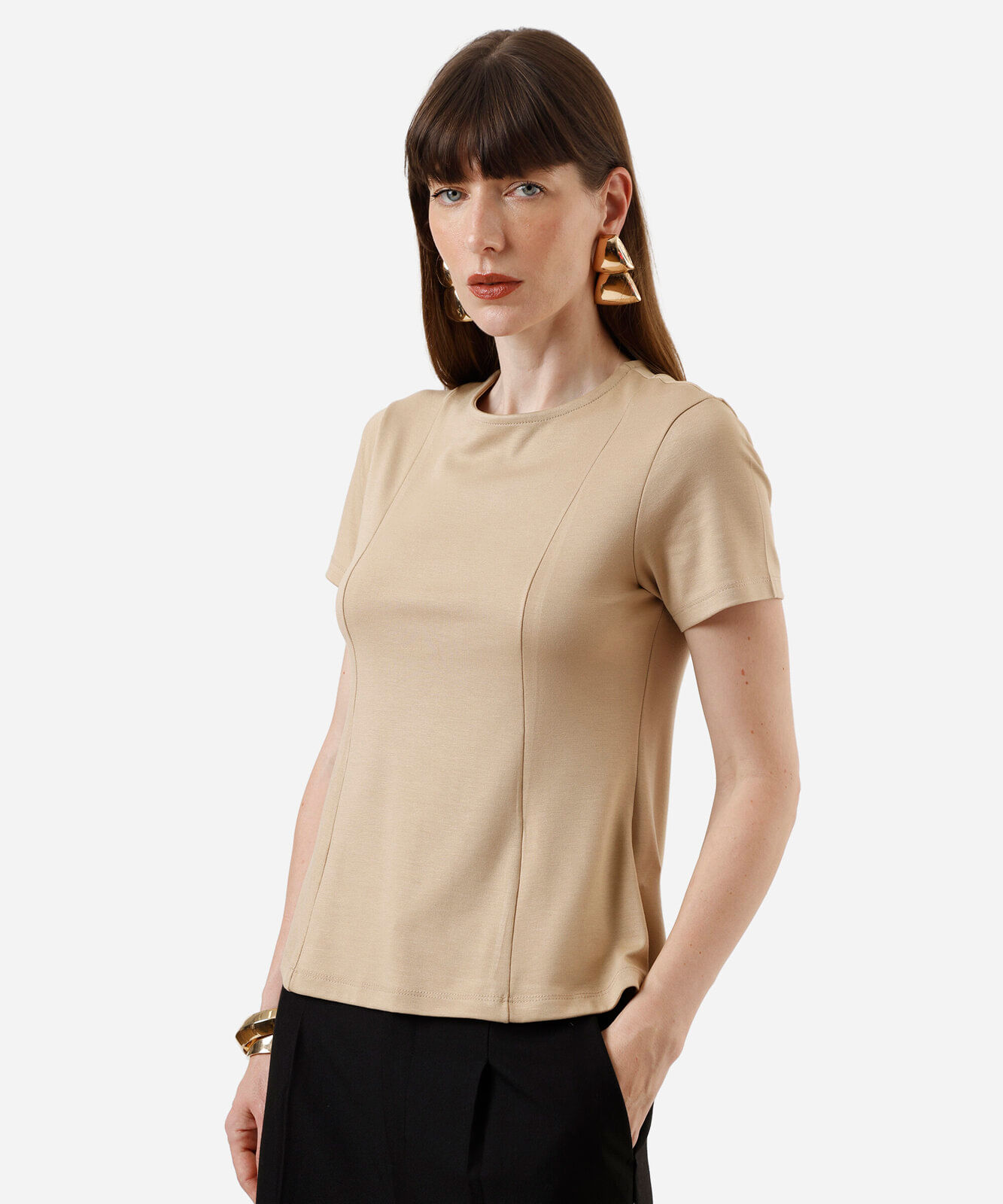 blusa peplum feminina com com viscose e recortes manga curta bege