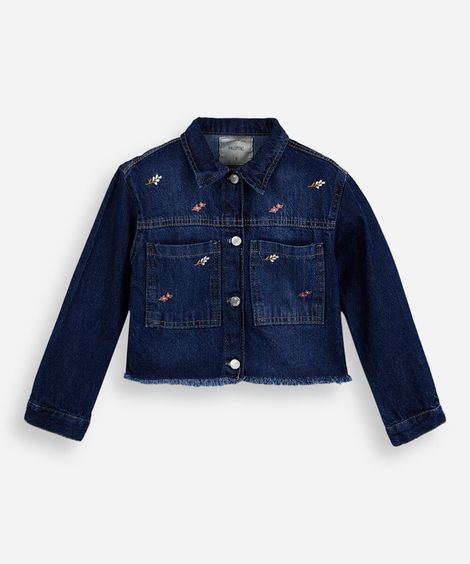jaqueta infantil jeans com bordado floral azul