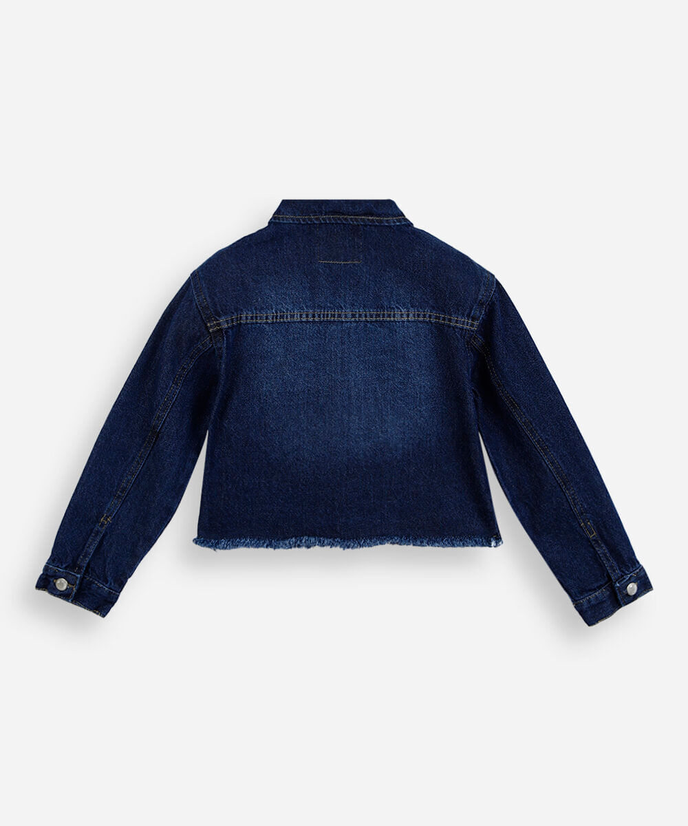jaqueta infantil jeans com bordado floral azul