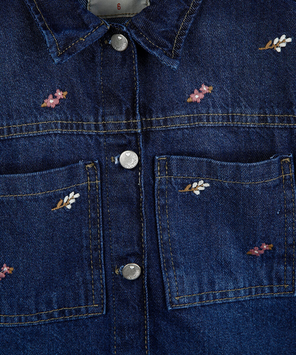 jaqueta infantil jeans com bordado floral azul