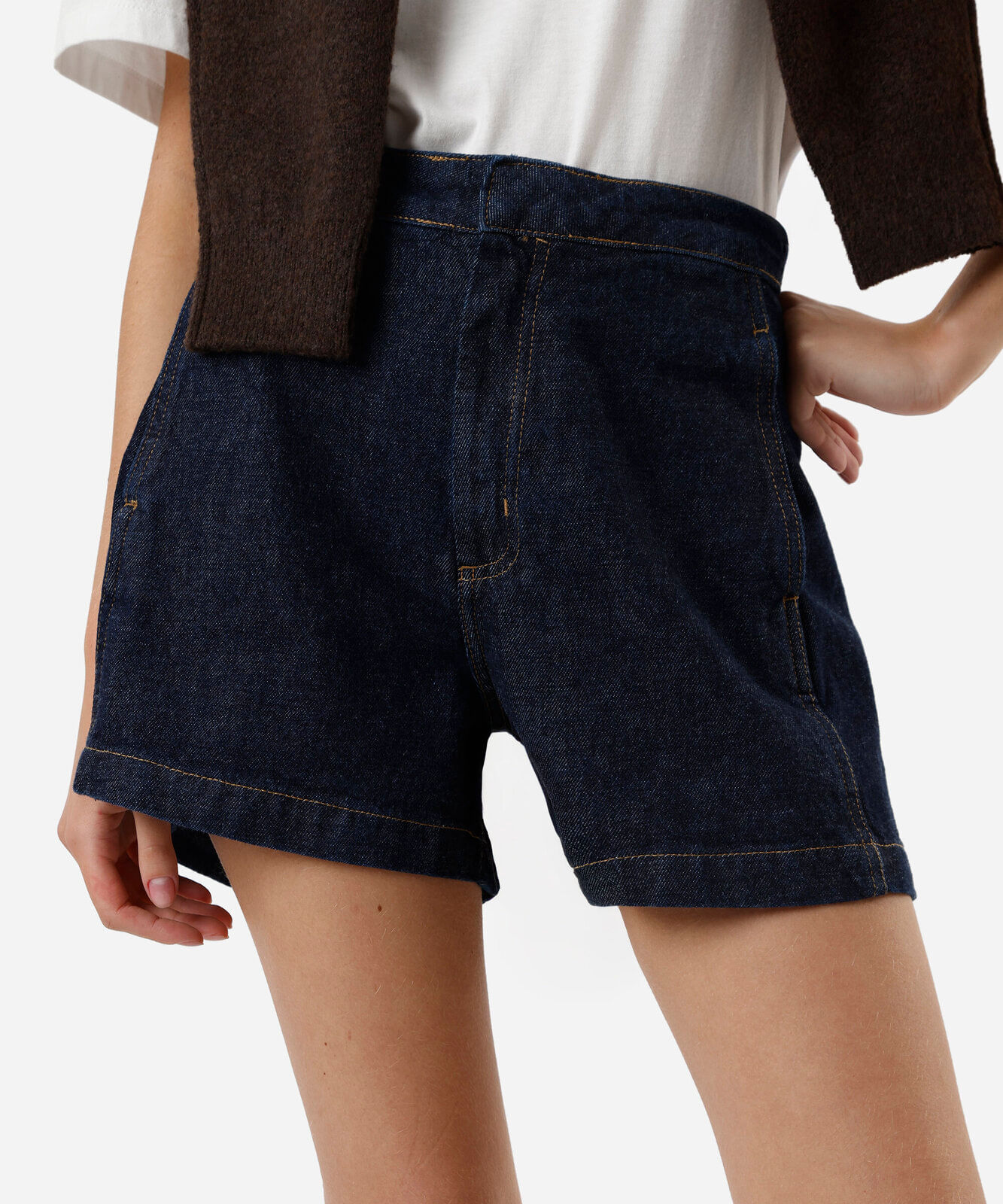 short feminino jeans cintura alta azul