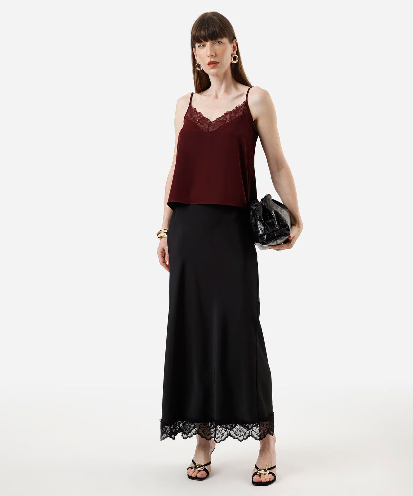 regata alça fina feminina com renda acetinada vinho