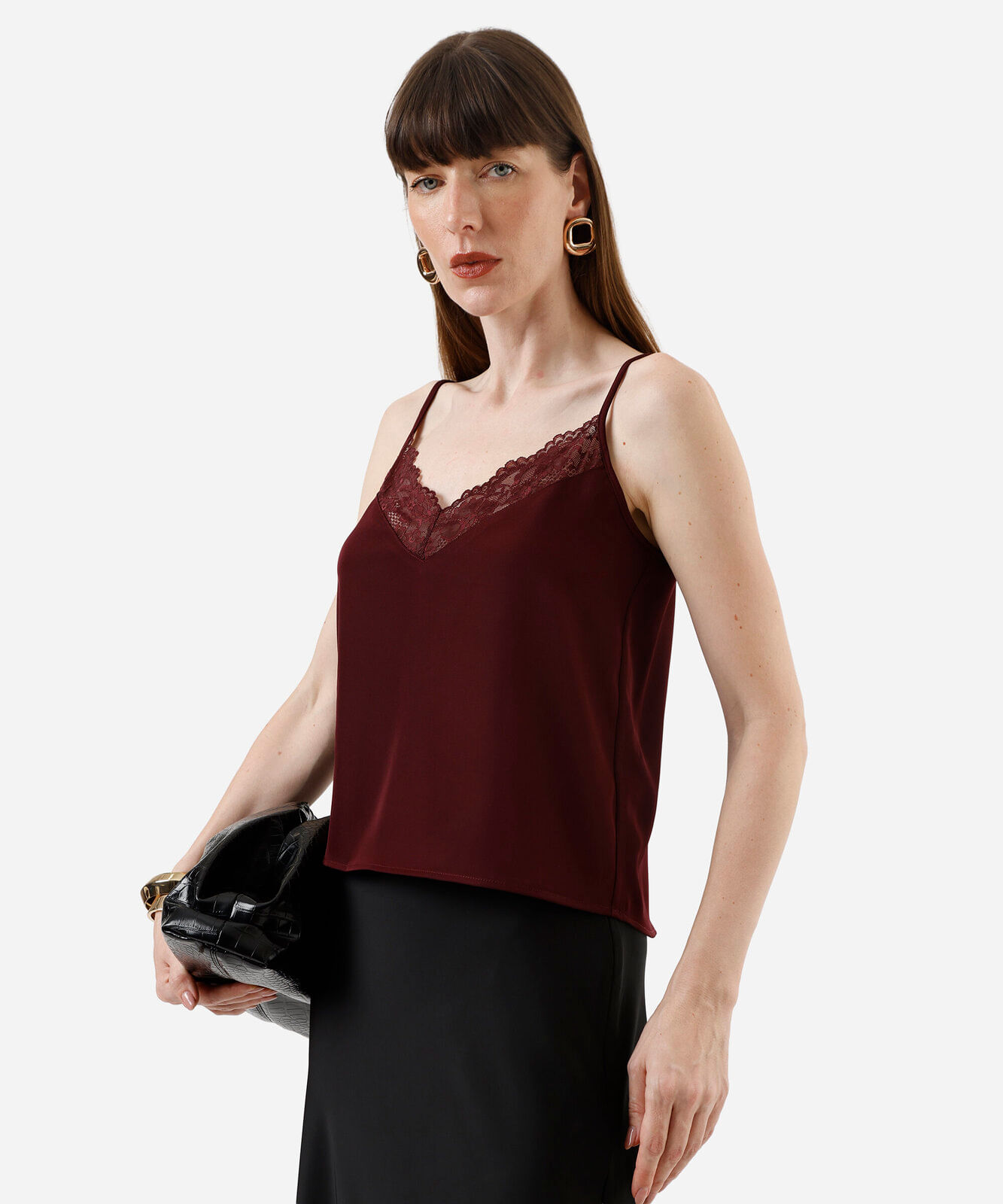 regata alça fina feminina com renda acetinada vinho