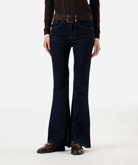 calça flare feminina jeans com fenda azul