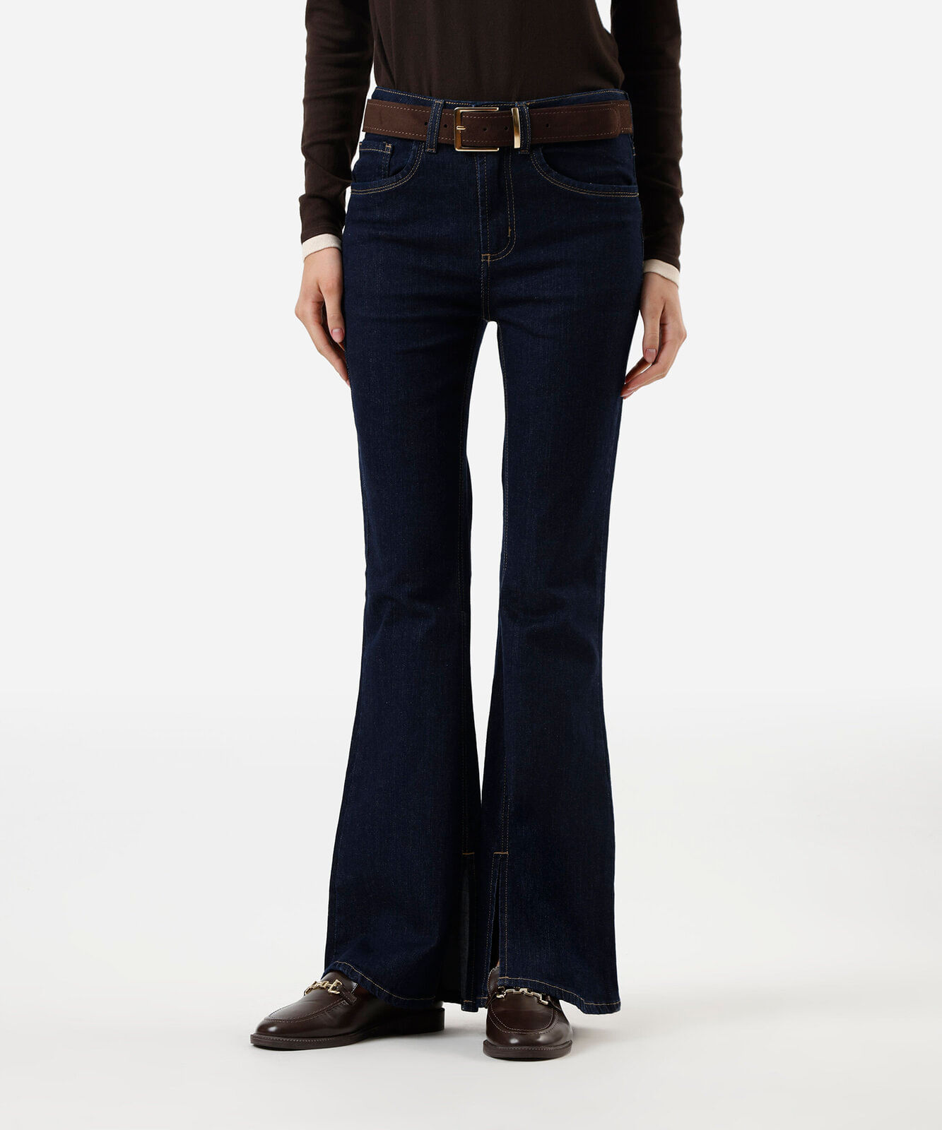 calça flare feminina jeans com fenda azul