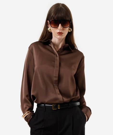 camisa feminina acetinada oversized marrom