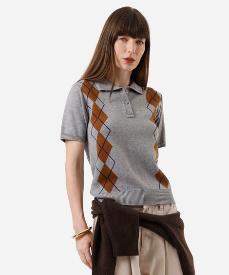 polo feminina de tricot manga curta xadrez cinza