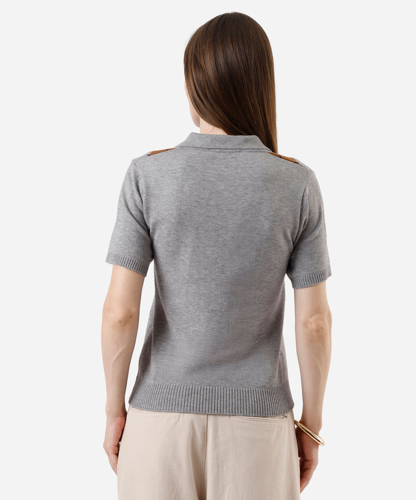 polo feminina de tricot manga curta xadrez cinza