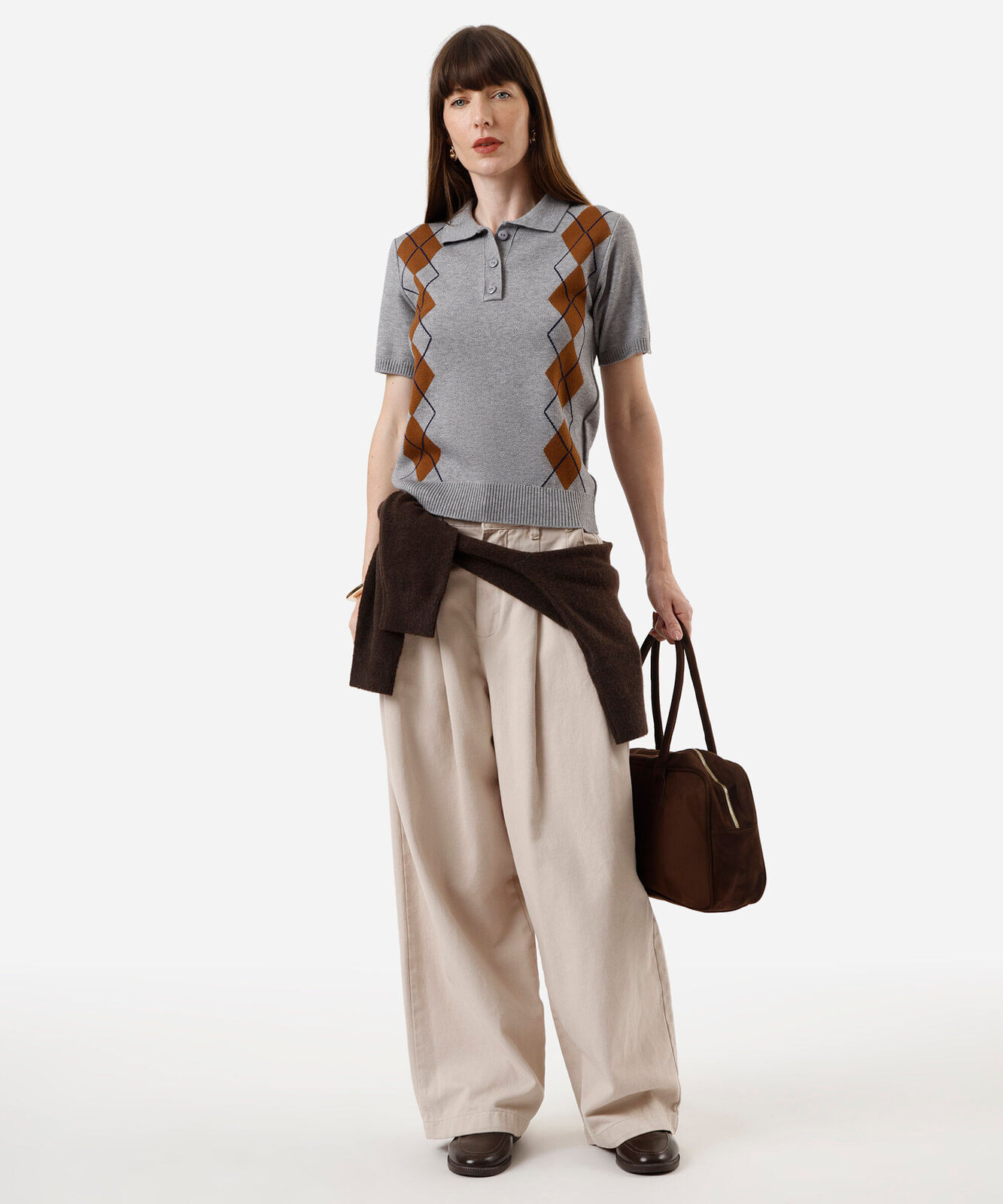 polo feminina de tricot manga curta xadrez cinza