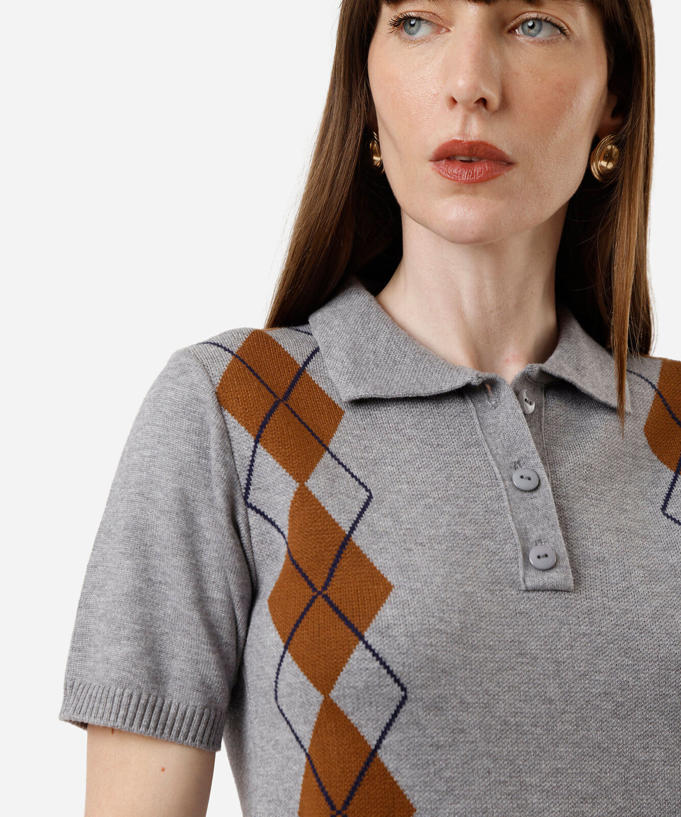 polo feminina de tricot manga curta xadrez cinza