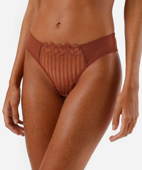 calcinha fio dental de tule e renda marrom