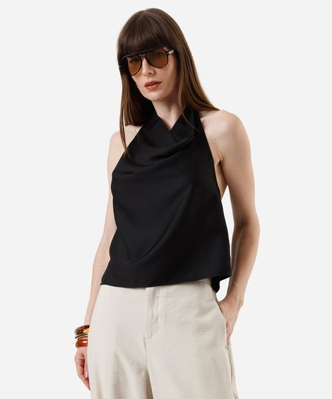 blusa frente única feminina acetinada preta