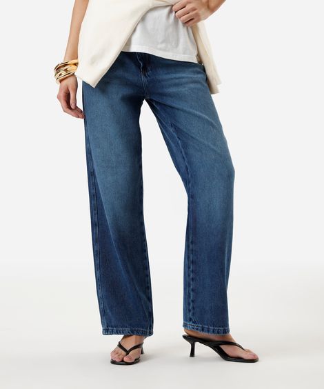 calça wide leg slim feminina jeans cintura média azul