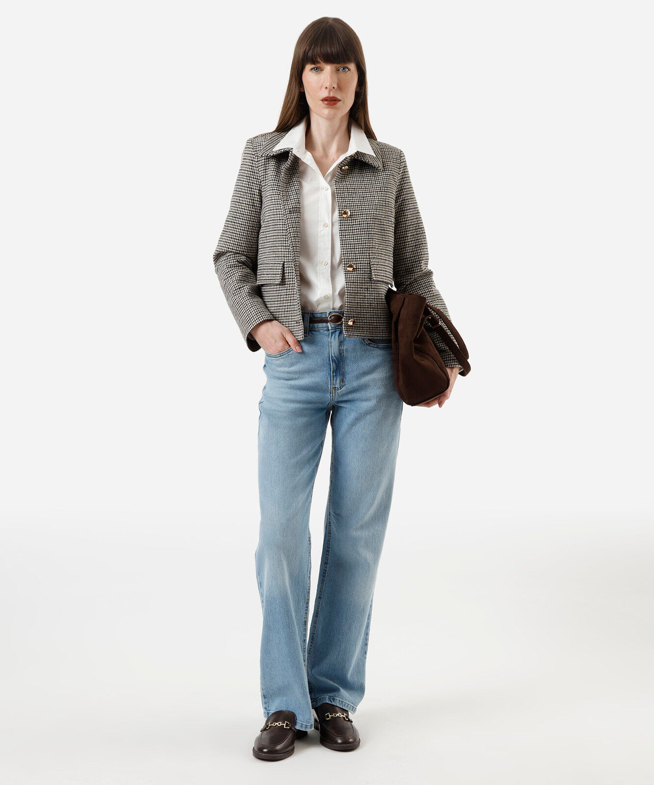 jaqueta feminina pied de poule bege