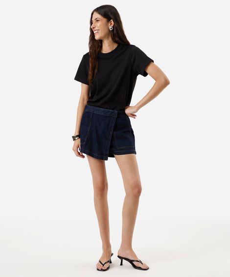 short saia feminino jeans cintura média azul