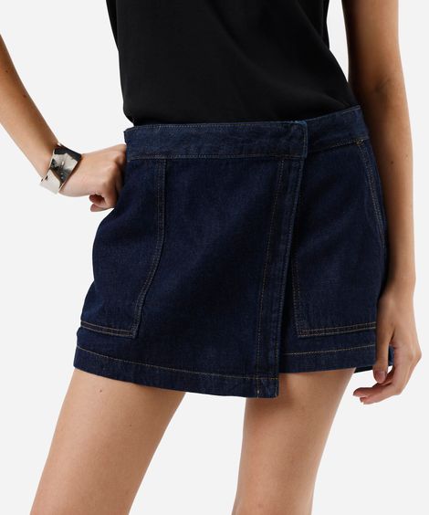 short saia feminino jeans cintura média azul