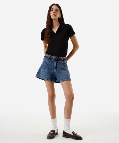 short feminino jeans cintura média azul