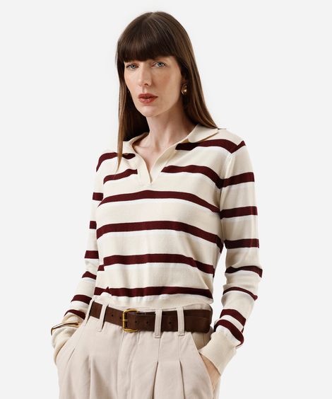 polo básica feminina de tricot manga longa listrada bege