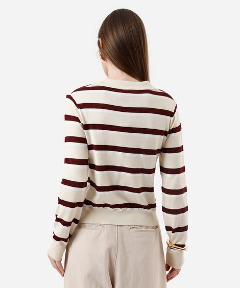 polo básica feminina de tricot manga longa listrada bege