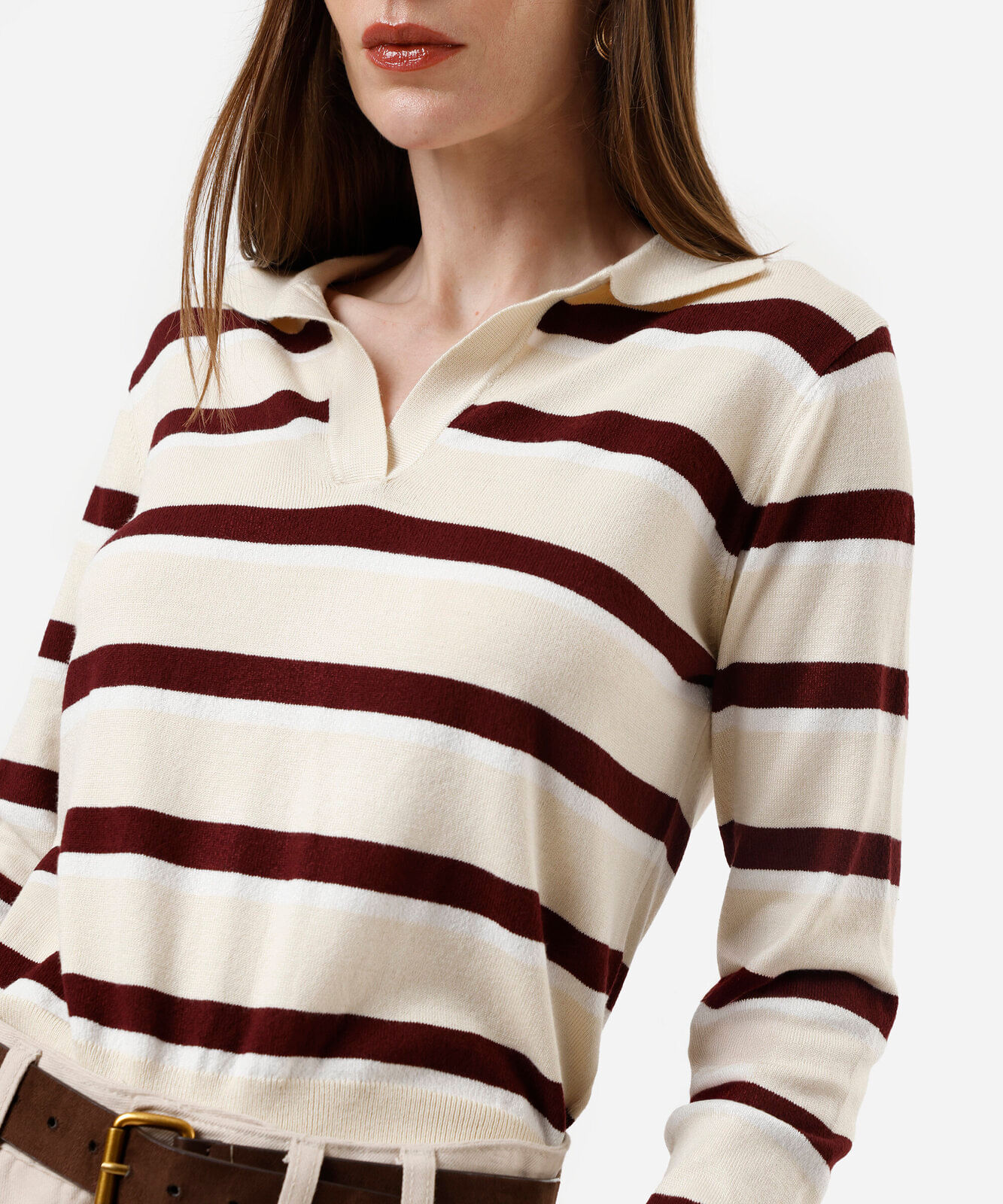 polo básica feminina de tricot manga longa listrada bege