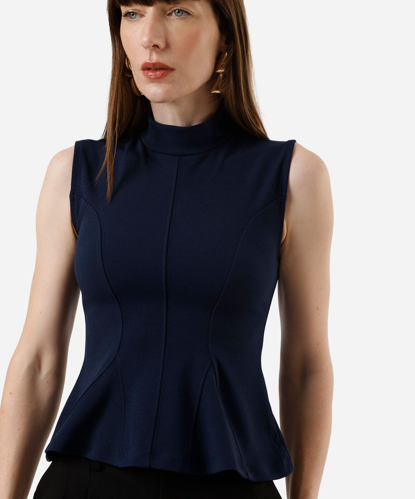 regata peplum feminina gola alta com recortes azul