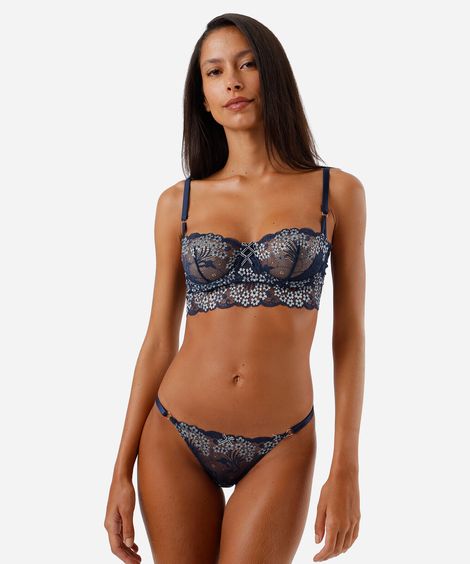 calcinha fio dental feminina de renda floral azul