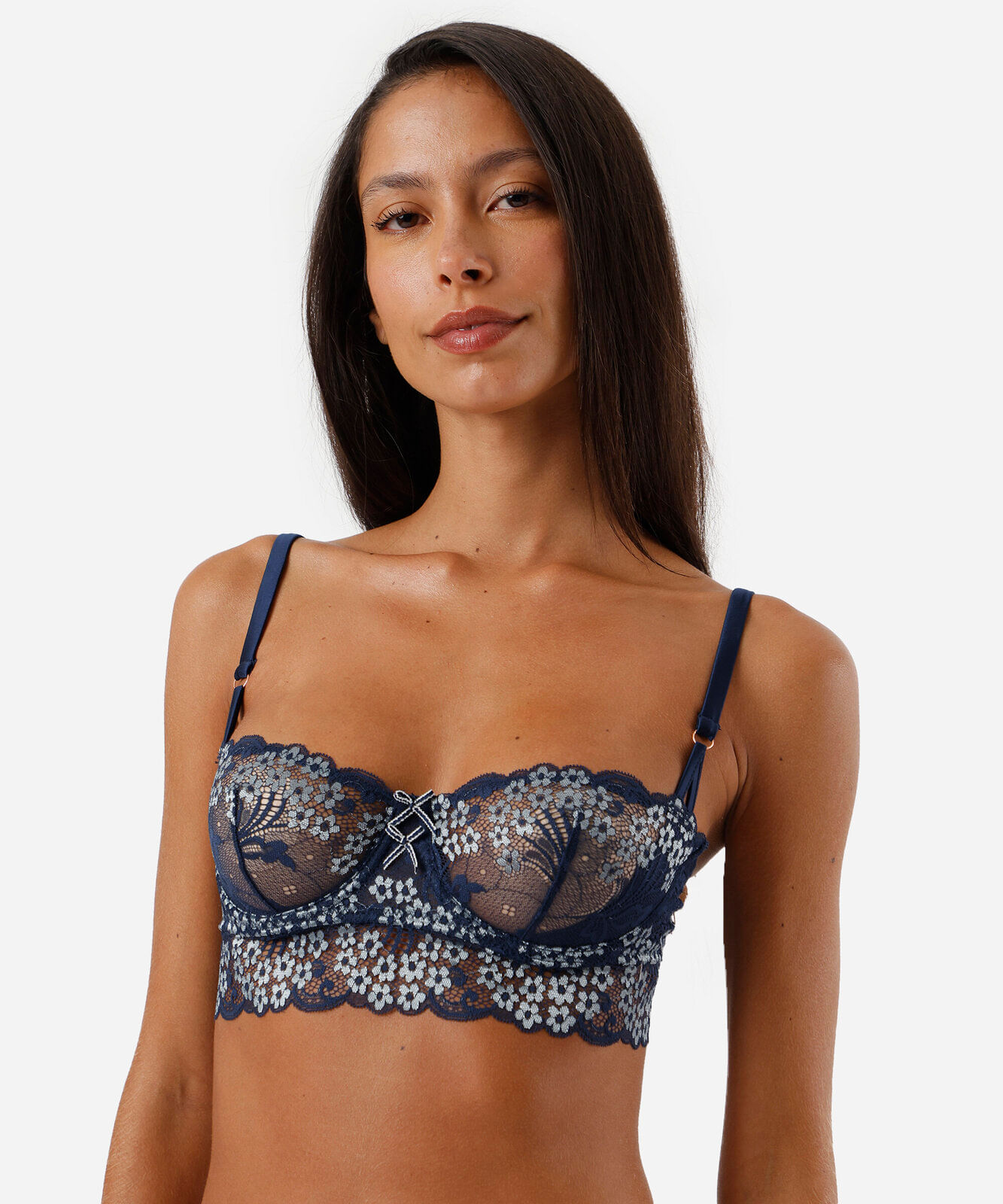 sutiã cropped meia taça feminino de renda floral azul