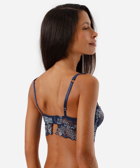 sutiã cropped meia taça feminino de renda floral azul