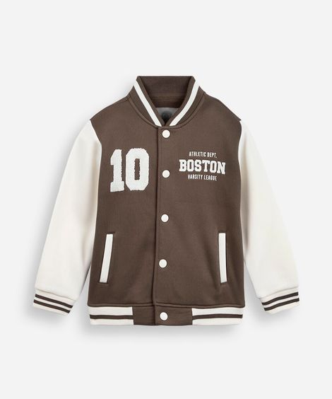 jaqueta bomber college infantil de moletom com bordado marrom