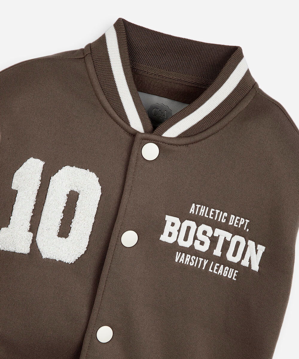jaqueta bomber college infantil de moletom com bordado marrom