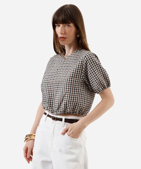 blusa cropped feminina manga bufante xadrez bege