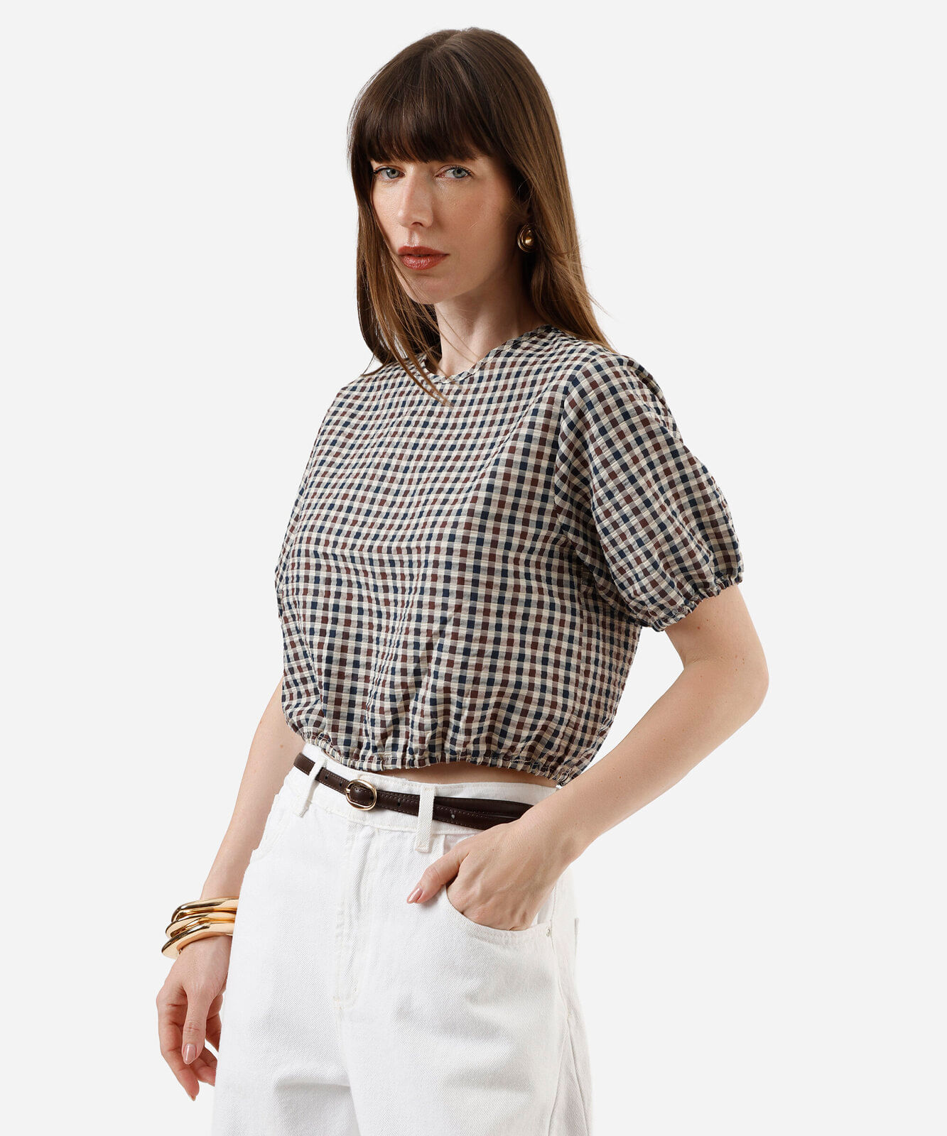 blusa cropped feminina manga bufante xadrez bege