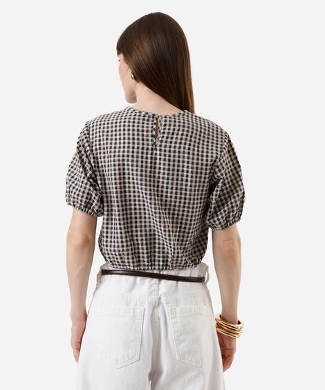 blusa cropped feminina manga bufante xadrez bege