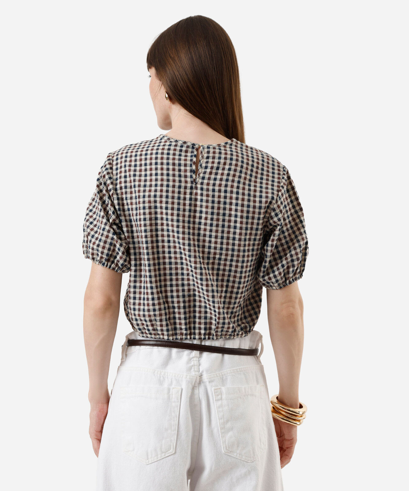 blusa cropped feminina manga bufante xadrez bege