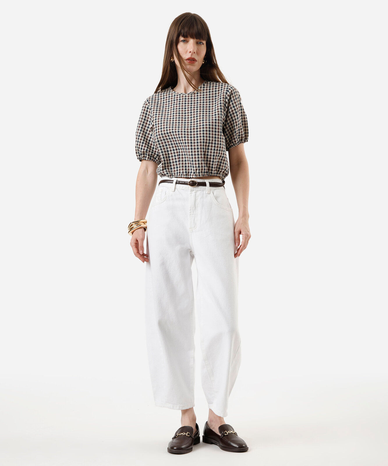 blusa cropped feminina manga bufante xadrez bege