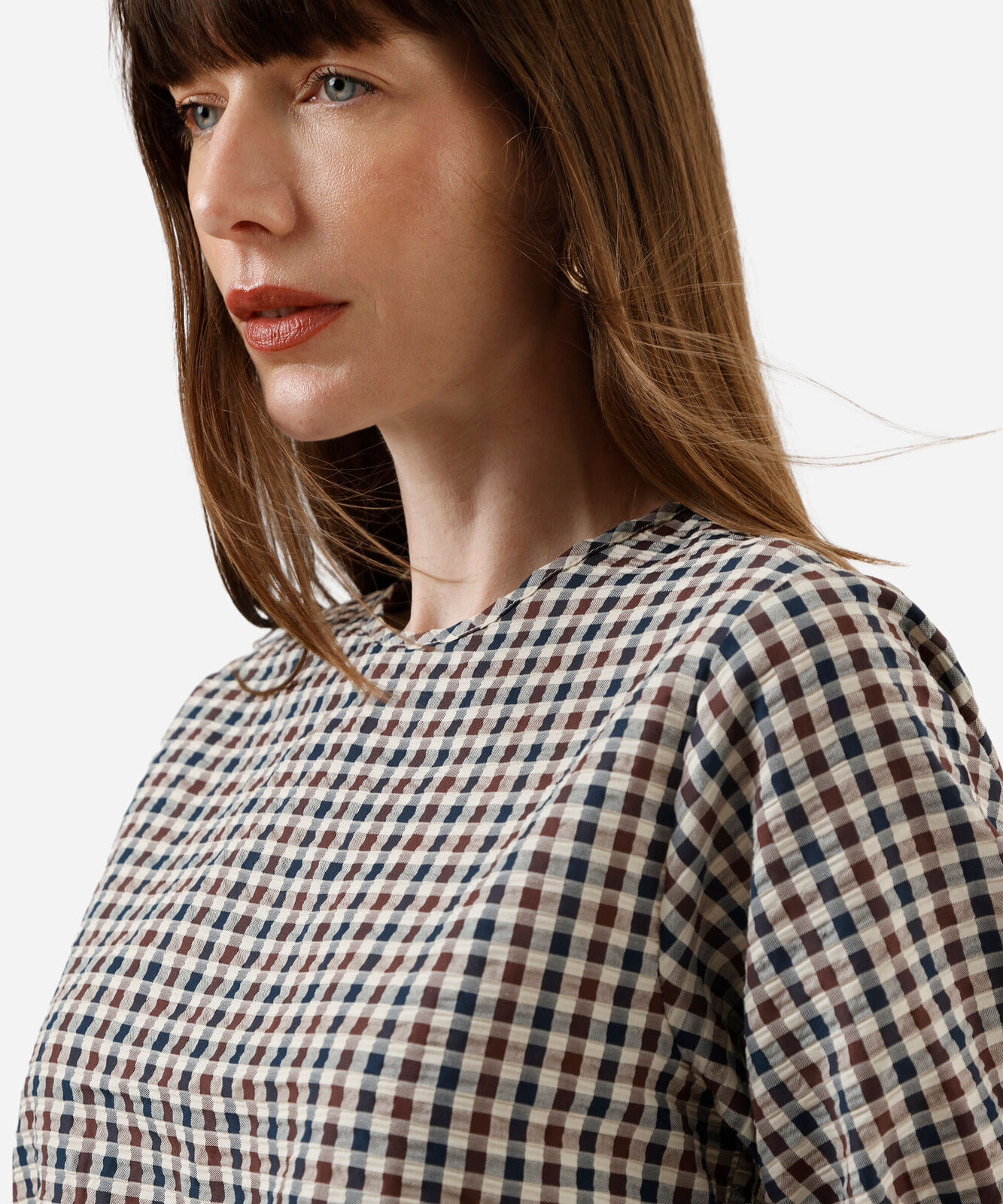 blusa cropped feminina manga bufante xadrez bege