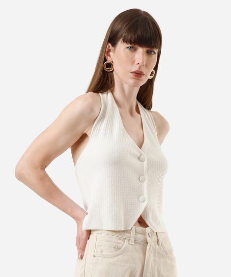 colete feminino de tricot frente única decote v off white