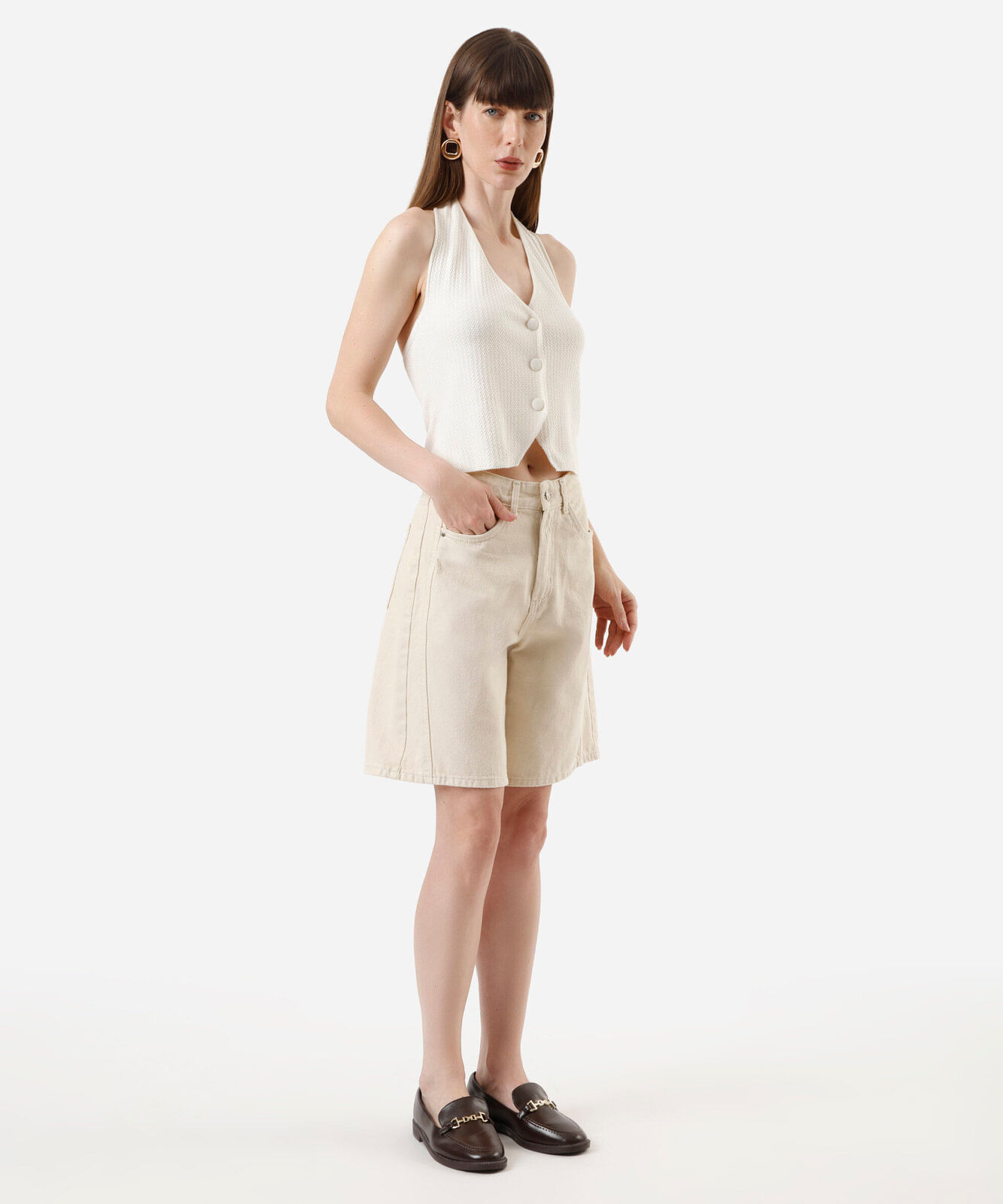 colete feminino de tricot frente única decote v off white