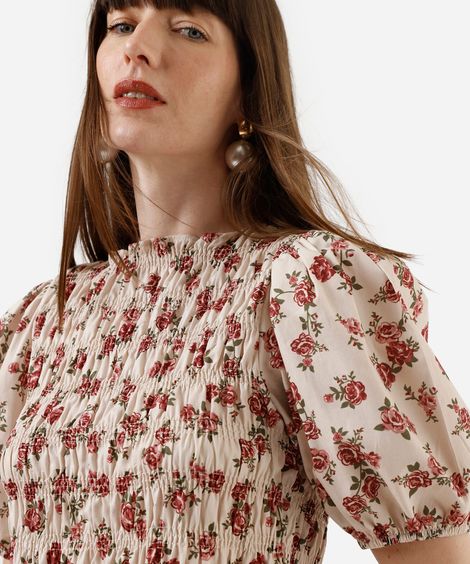 blusa feminina de algodão manga bufante floral franzida colorida