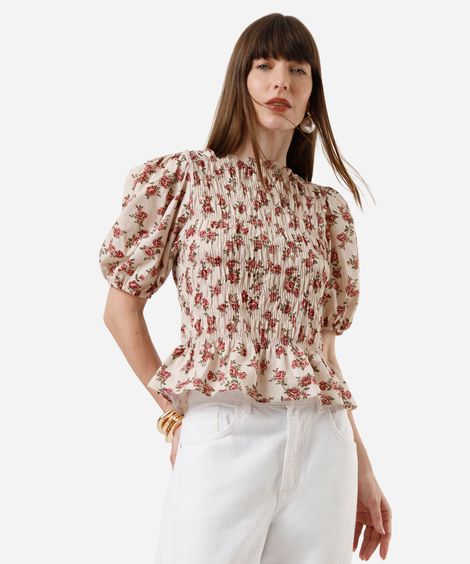 blusa feminina de algodão manga bufante floral franzida colorida