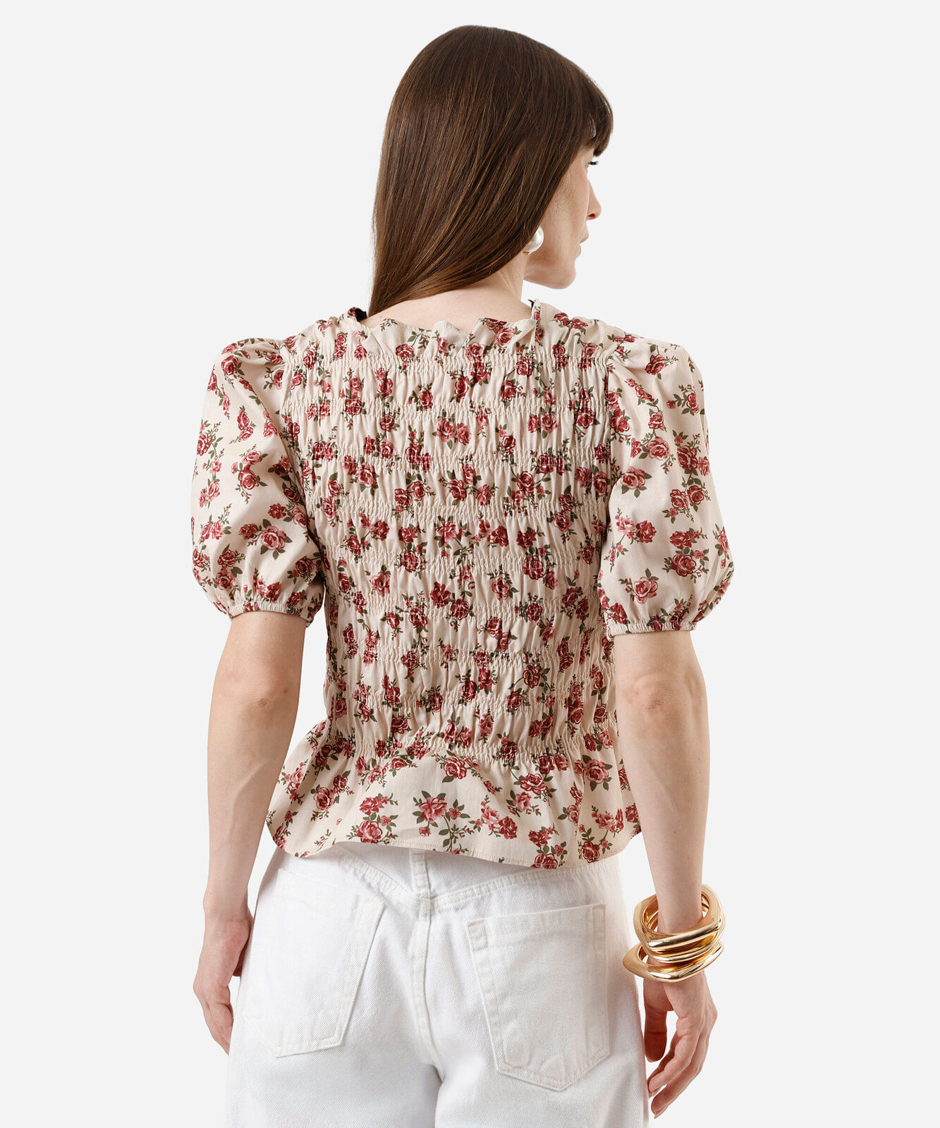 blusa feminina de algodão manga bufante floral franzida colorida
