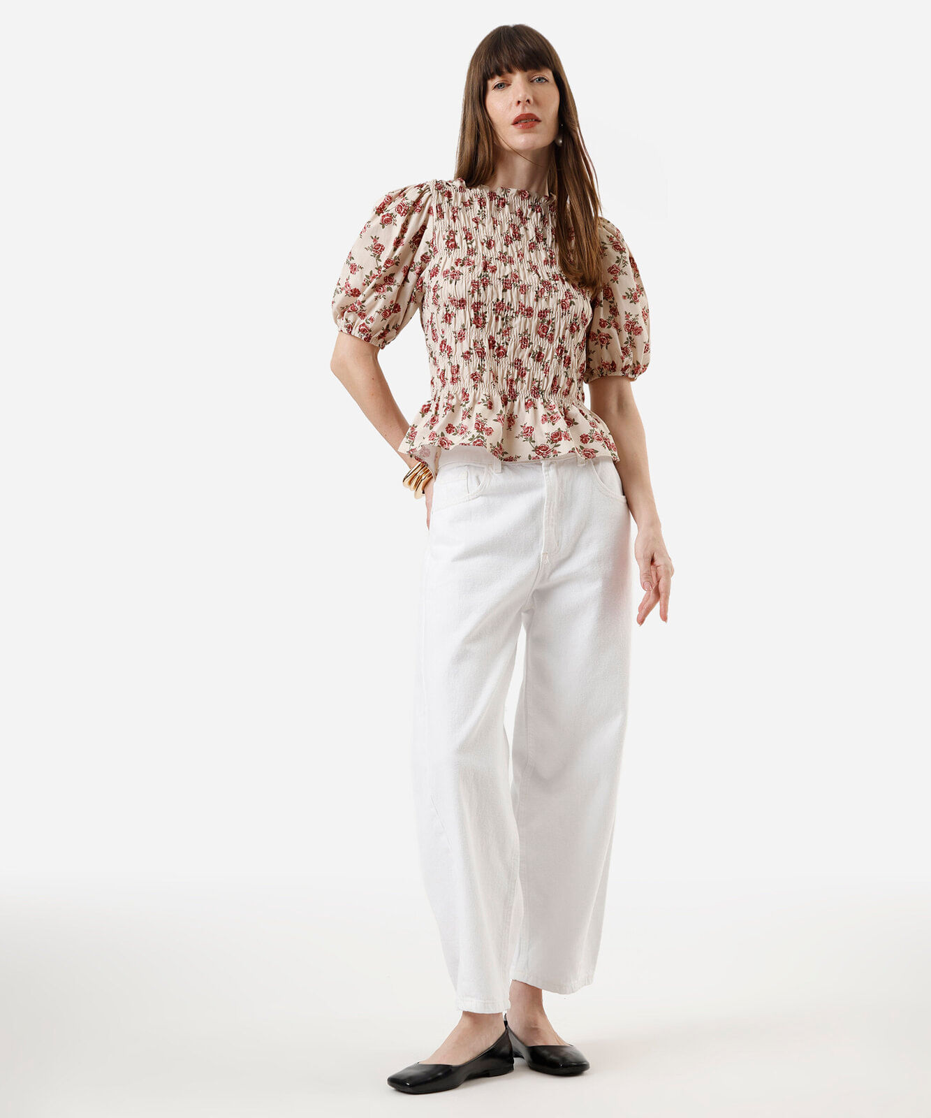 blusa feminina de algodão manga bufante floral franzida colorida
