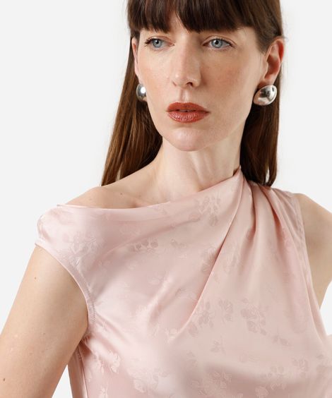 blusa feminina de jacquard com pregas floral acetinada rosa