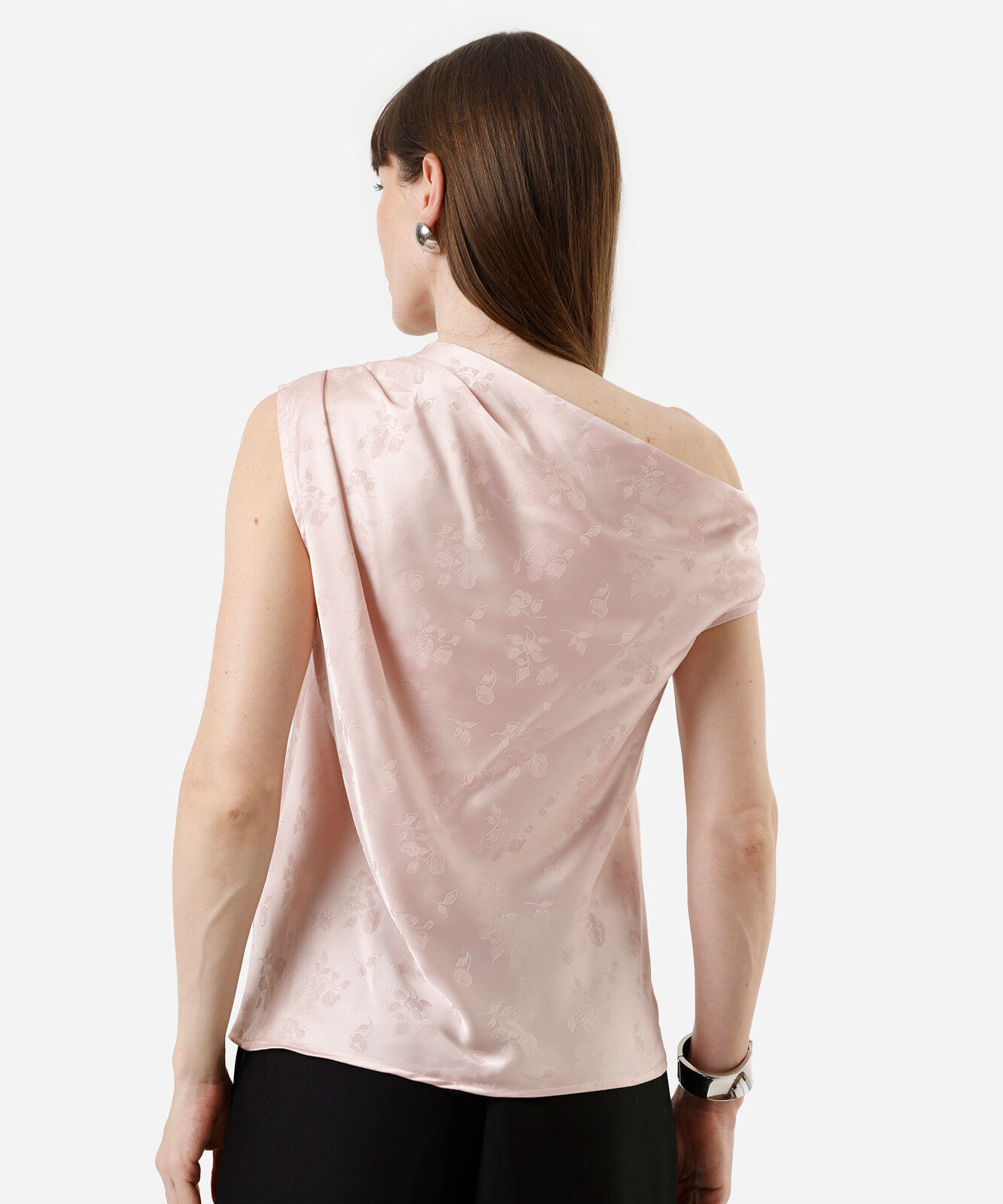 blusa feminina de jacquard com pregas floral acetinada rosa