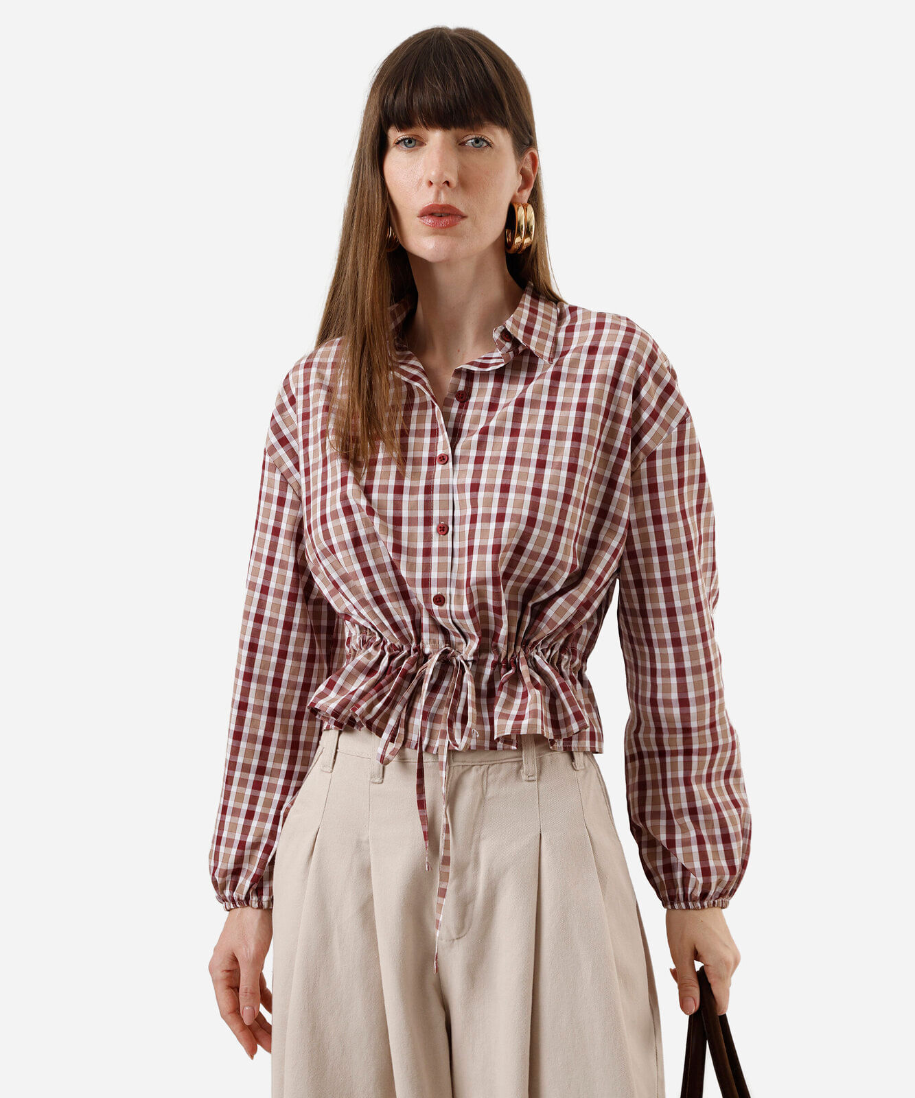 camisa feminina com amarração manga longa xadrez colorida